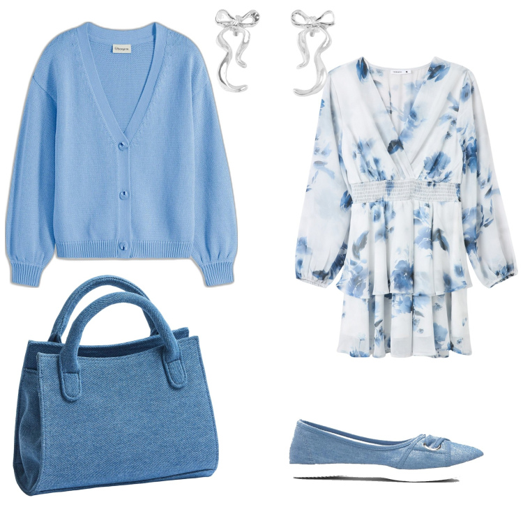 Outfit donna - Azzurro cielo. Stile Bon Ton per Ufficio. Abbinamento con ballerine, cardigans, orecchini, vestiti, borse a tracolla.