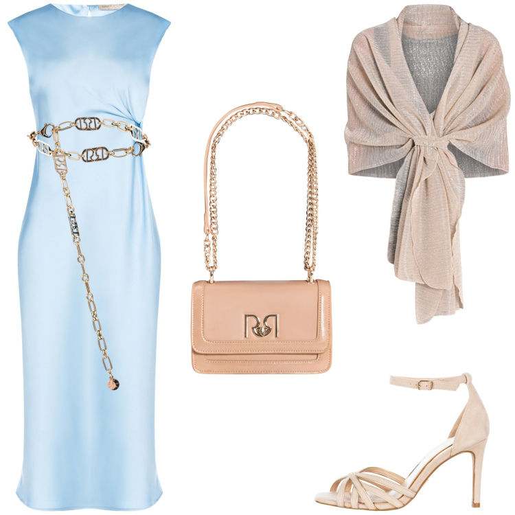 Outfit donna - Azzurro Rinascimento. Stile Chic per Cerimonia. Abbinamento con stole, vestiti midi/longuette, cinture, sandali col tacco, borse a tracolla.