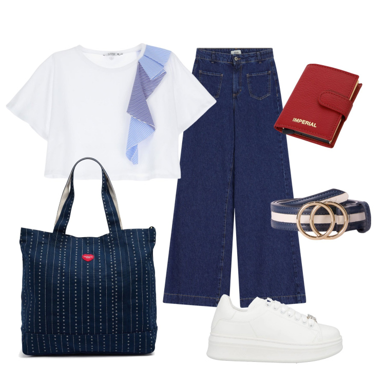 Outfit donna - Total look #2108838. Stile Casual chic per Tutti i giorni. Abbinamento con sneakers, t-shirt, portafogli, jeans, borse tote, cinture.