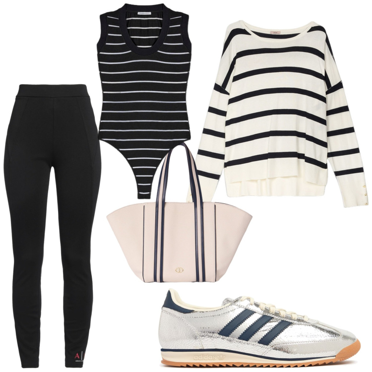 Outfit donna - Le famose 3 righe sneaker. Stile Casual chic per Ufficio. Abbinamento con pantaloni, sneakers, shopping bag, maglieria, body.