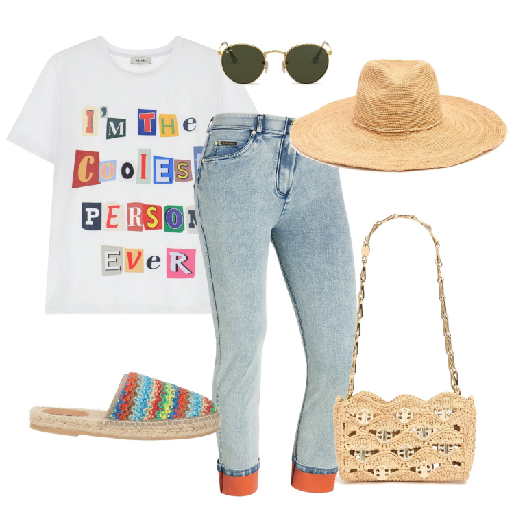 Outfit donna - Multicolor Vibes Only. Stile Etnico per Mare. Abbinamento con espadrillas, jeans dritti, t-shirt, borse a spalla, occhiali da sole, cappelli.