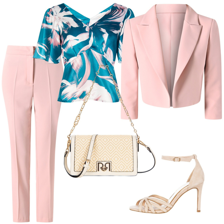 Outfit donna - La comunione di mio nipote. Stile Chic per Cerimonia. Abbinamento con bluse, pantaloni, blazer, sandali col tacco, borse a tracolla.