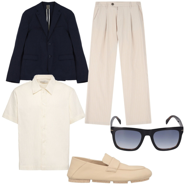 Outfit uomo - Blu e neutro a righe. Stile Business/Elegante per Cerimonia. Abbinamento con scarpe stringate, giacche, pantaloni, occhiali da sole, camicie.