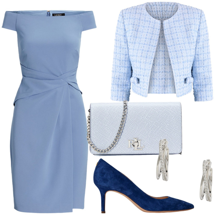 Outfit donna - Eleganza senza tempo. Stile Chic per Cerimonia. Abbinamento con blazer, orecchini, vestiti, décolleté, borse a tracolla.