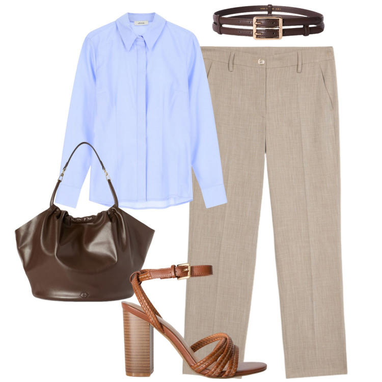 Outfit donna - City. Stile Urban per Tutti i giorni. Abbinamento con camicie, borse a secchiello, cinture, sandali col tacco, pantaloni.