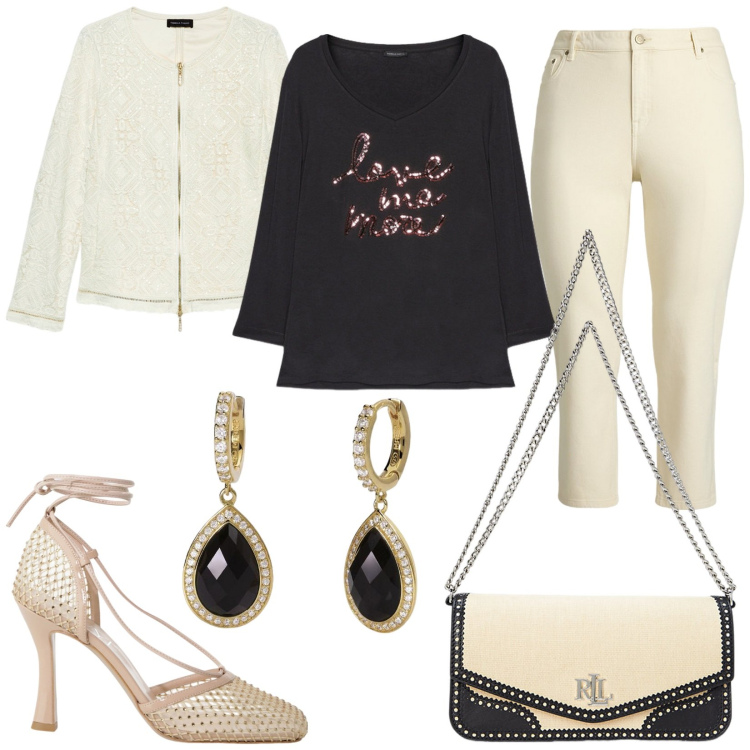 Outfit donna - Bantoa mid season. Stile Casual chic per Serata fuori. Abbinamento con orecchini, décolleté, jeans dritti, borse a spalla, t-shirt, blazer.