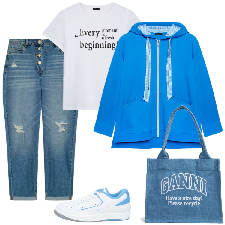 Outfit donna - Outdoor sales by Fiorella Rubino. Stile Casual per Tutti i giorni. Abbinamento con sneakers, felpe con cappuccio, jeans strappati, t-shirt, shopping bag.