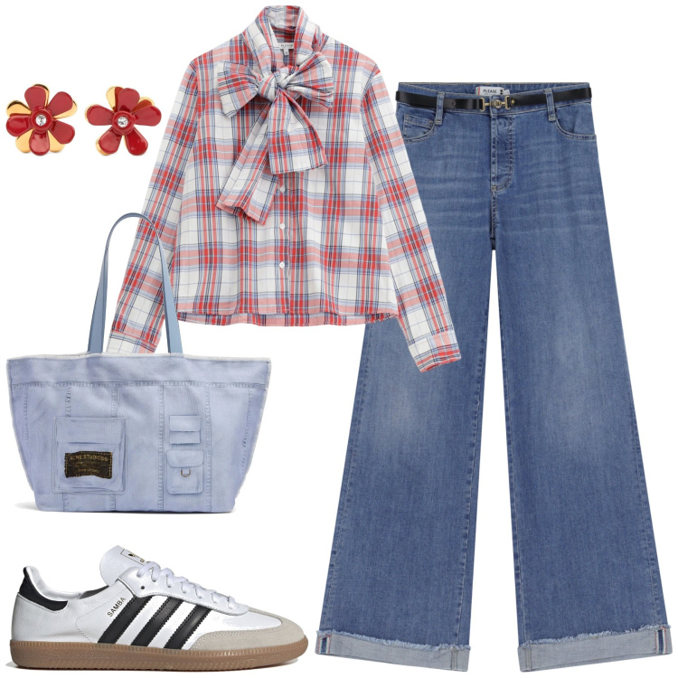Outfit donna - City. Stile Casual chic per Tutti i giorni. Abbinamento con camicie, jeans, shopping bag, sneakers, orecchini.