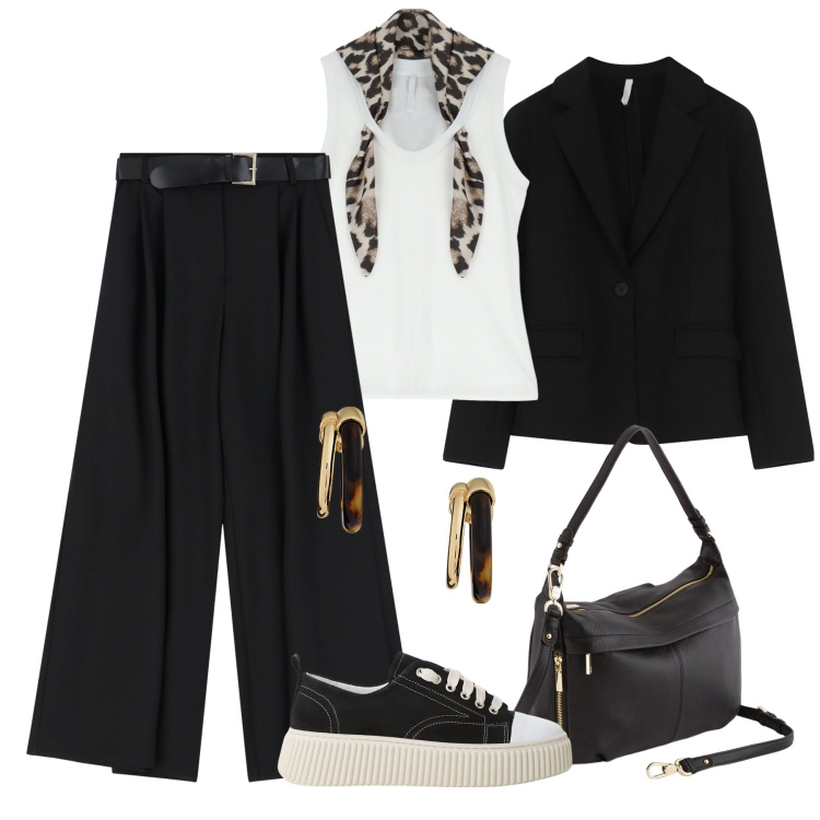 Outfit donna - Dettagli cow print Imperial. Stile Casual chic per Ufficio. Abbinamento con top, sneakers, pantaloni a palazzo, blazer, orecchini, borse a tracolla.