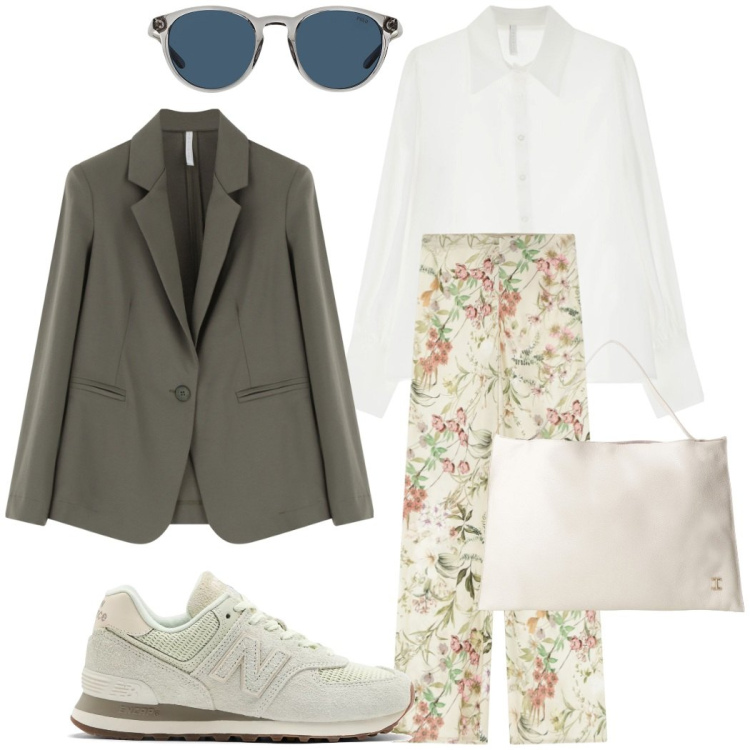 Outfit donna - Urban style a fiori. Stile Urban per Ufficio. Abbinamento con sneakers, pantaloni, borse a spalla, blazer, camicie, occhiali da sole.