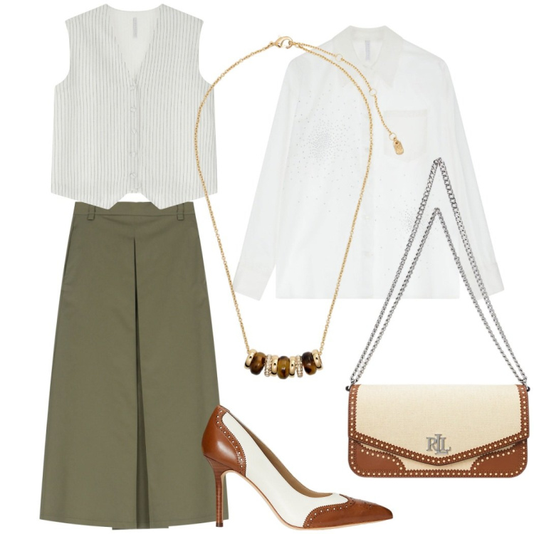 Outfit donna - Elegante stile urbano. Stile Urban per Ufficio. Abbinamento con gonne lunghe, gilet, camicie, collane, borse a spalla, décolleté.