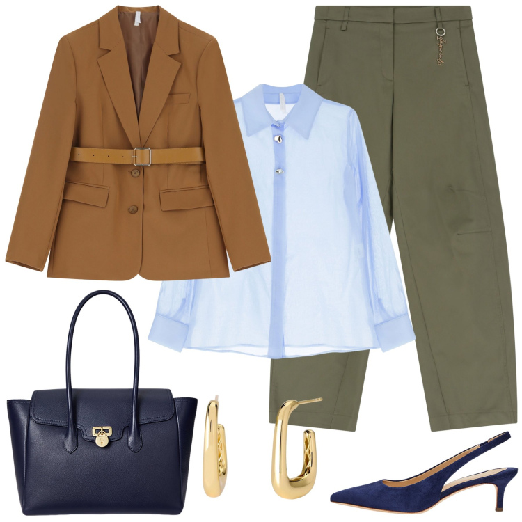 Outfit donna - Classico rivisitato con pantaloni cargo. Stile Urban per Ufficio. Abbinamento con orecchini, camicie, blazer, pantaloni, décolleté, borse a mano.