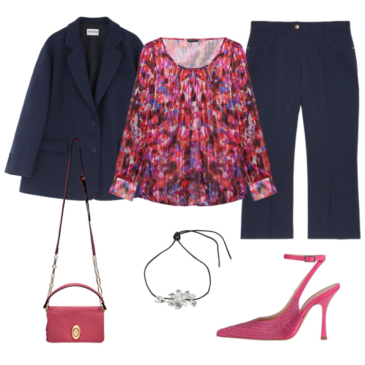 Outfit donna - Rosso, Blu e un Tocco di Primavera. Stile Glamour per Cerimonia. Abbinamento con décolleté, blazer, collane, bluse, pantaloni, borse a tracolla.