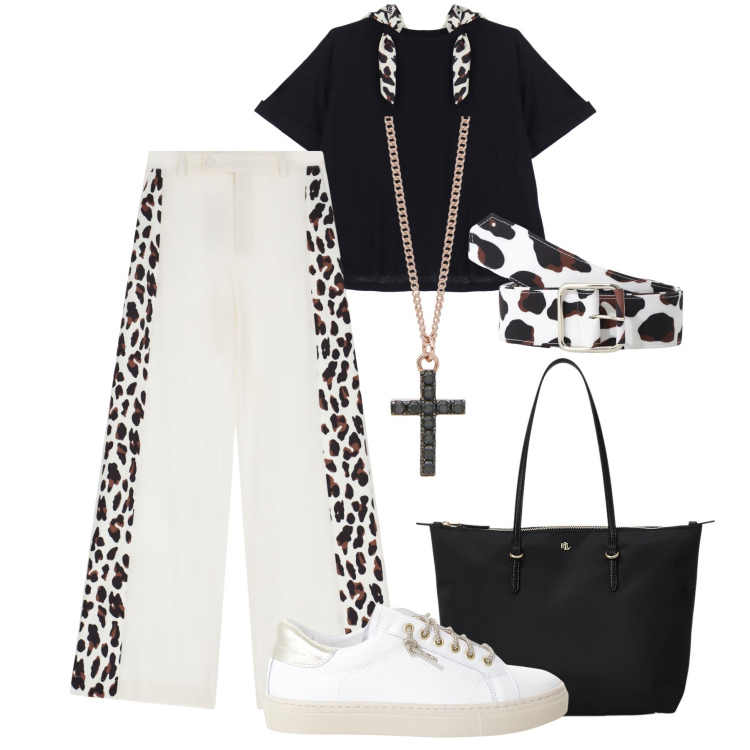 Outfit donna - Dettagli cow print e animalier. Stile Casual chic per Ufficio. Abbinamento con collane, pantaloni a palazzo, sneakers, cinture, t-shirt, borse tote.