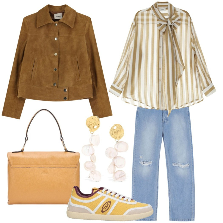 Outfit donna - Outfit cittadino. Stile Urban per Tutti i giorni. Abbinamento con sneakers, giacche, camicie, jeans strappati, borse a cartella, orecchini.