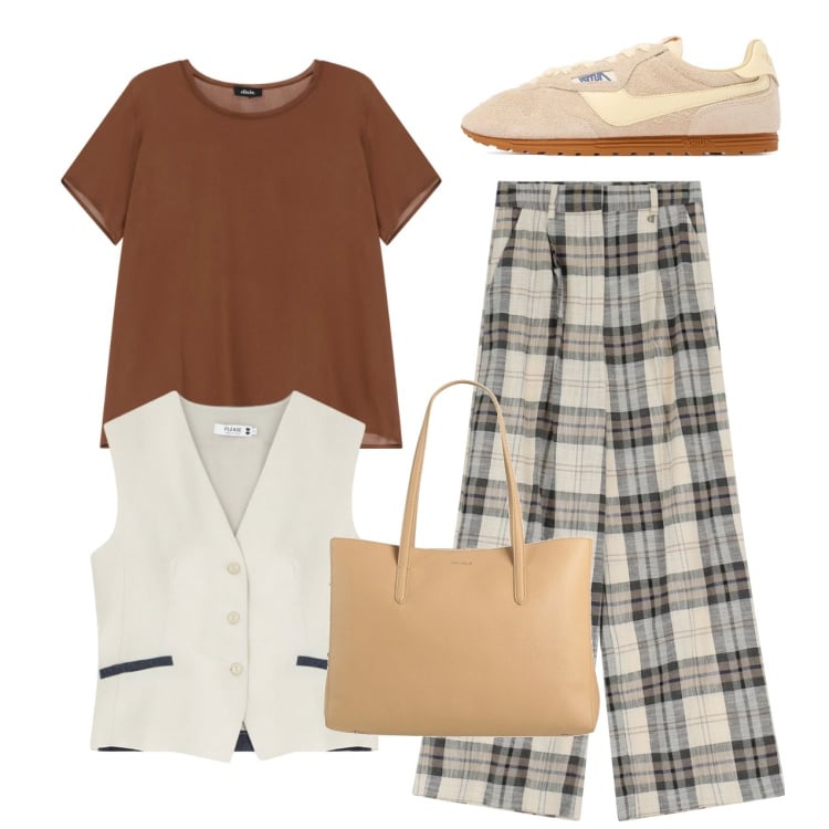 Outfit donna - Bon ton a quadri. Stile Bon Ton per Tutti i giorni. Abbinamento con borse a mano, gilet, pantaloni, t-shirt, sneakers.