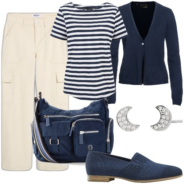 Outfit donna - Viva le righe!. Stile Sporty chic per Tutti i giorni. Abbinamento con borse a tracolla, t-shirt, cardigans, pantaloni cargo, mocassini, orecchini.