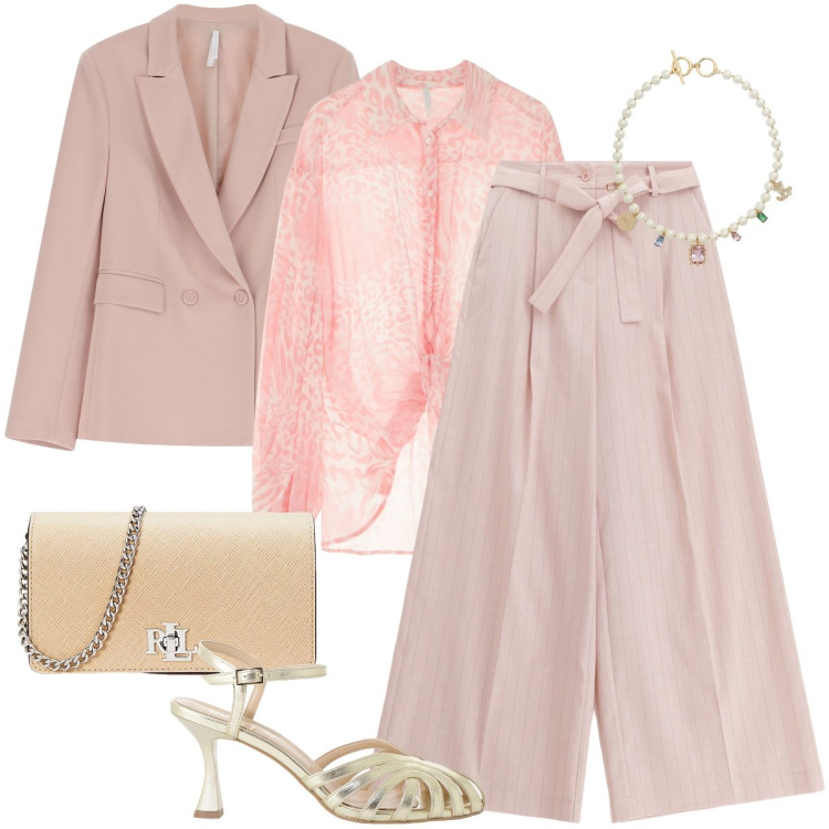 Outfit donna - Il rosa di Imperial. Stile Romantica per Ufficio. Abbinamento con blazer, camicie, pantaloni, sandali col tacco, borse a tracolla, ciondoli.