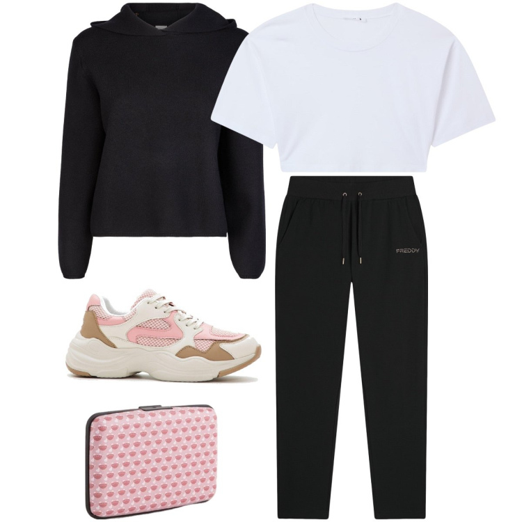 Outfit donna - Outfit sportivo. Stile Sporty chic per Sport. Abbinamento con sneakers, t-shirt, pantaloni, maglieria, portafogli.