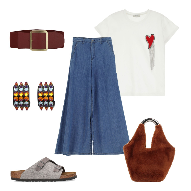 Outfit donna - Total look #2108996. Stile Casual per Tutti i giorni. Abbinamento con orecchini, borse a mano, jeans, t-shirt, cinture, sandali.