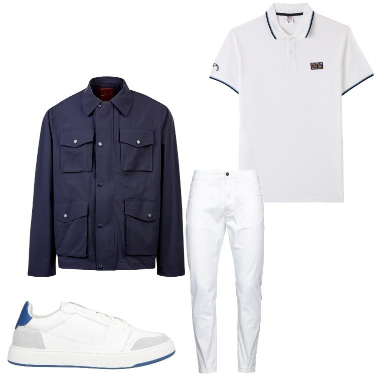 Outfit uomo - Bianco e blu. Stile Casual per Ufficio. Abbinamento con pantaloni, sneakers, polo, giacche.