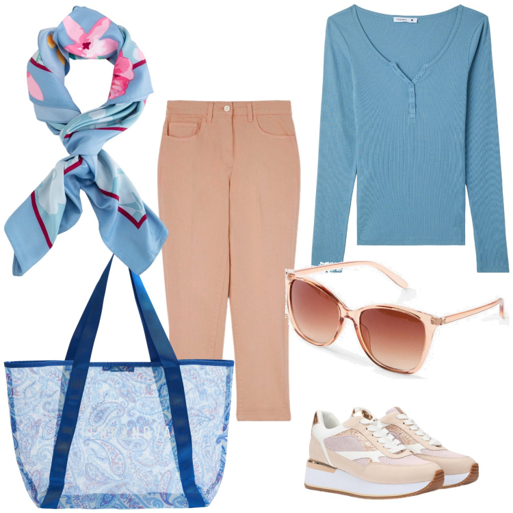 Outfit donna - A comprar uova di cioccolato. Stile Trendy per Tutti i giorni. Abbinamento con occhiali da sole, shopping bag, t-shirt, sneakers, pantaloni, foulard.