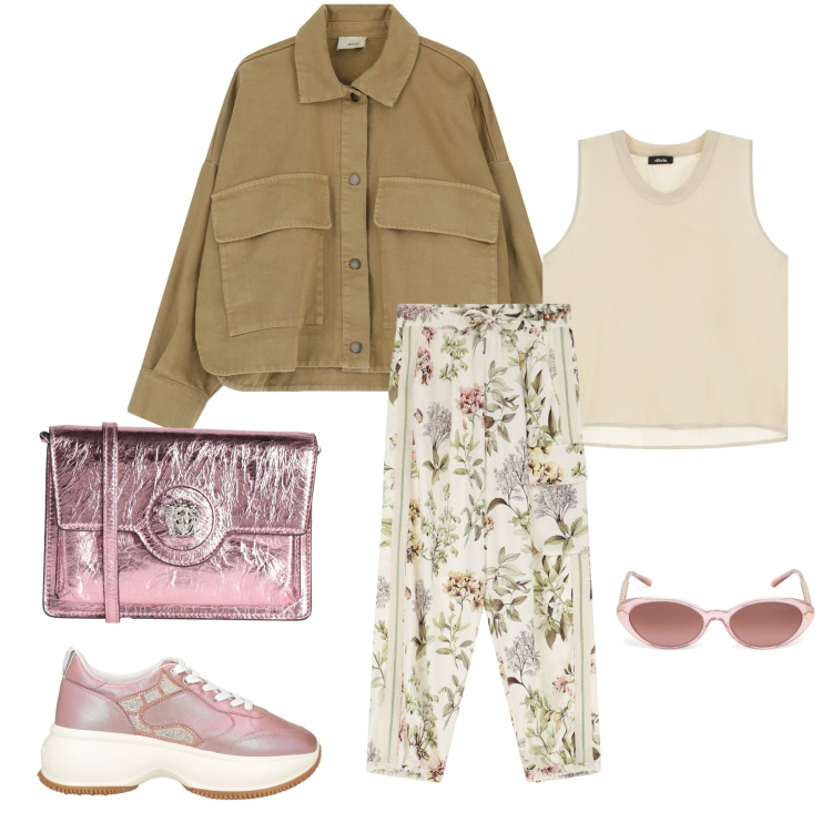 Outfit donna - Floreale con Grinta. Stile Casual chic per Tutti i giorni. Abbinamento con sneakers, borse a tracolla, top, pantaloni chino, cappotti, occhiali da sole.