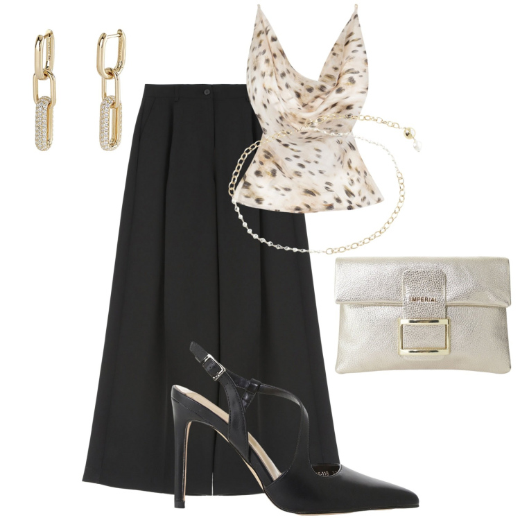 Outfit donna - Collezione Party by Please. Stile Chic per Serata fuori. Abbinamento con orecchini, pantaloni a palazzo, top, décolleté, pochette, cinture.