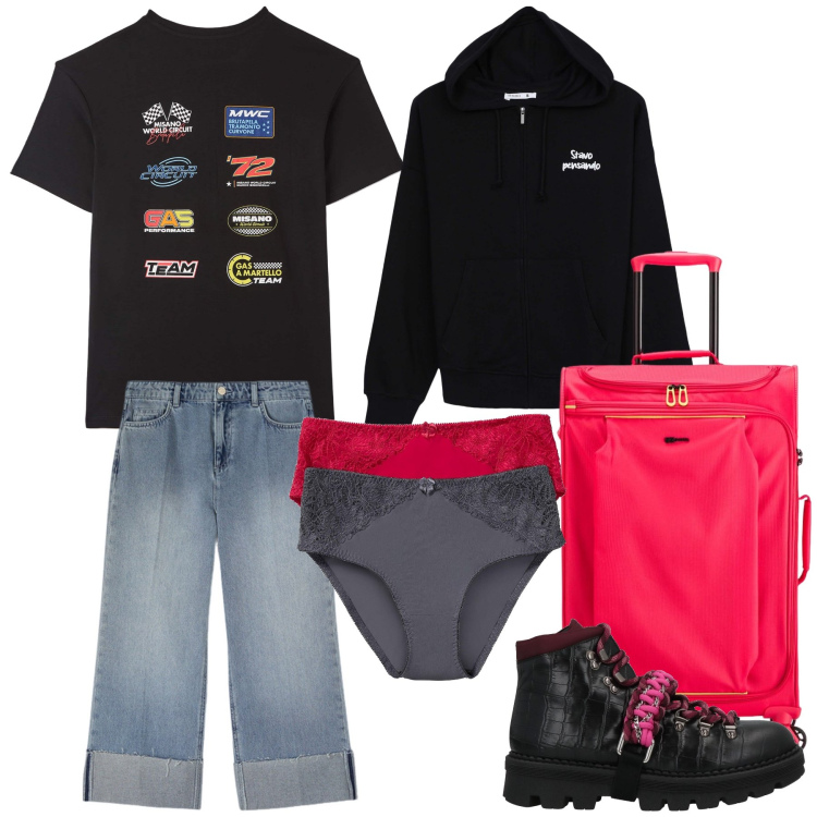 Outfit donna - Vacanza arriviamo. Stile Basic per Tutti i giorni. Abbinamento con culotte, stivaletti, t-shirt, felpe con cappuccio, jeans, valigie.