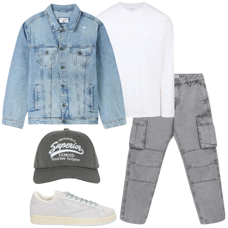 Outfit uomo - Total look #2109033. Stile Casual per Tutti i giorni. Abbinamento con sneakers, giacche, cappelli con visiera, jeans, t-shirt.