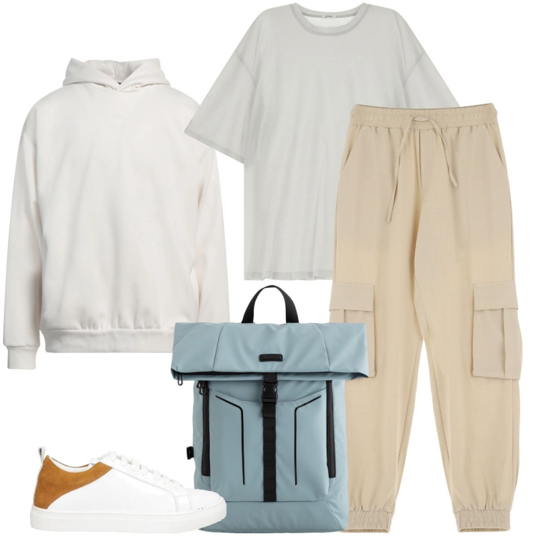 Outfit uomo - Il pantalone cargo. Stile Casual per Sport. Abbinamento con felpe con cappuccio, sneakers, pantaloni cargo, t-shirt, borse sportive.