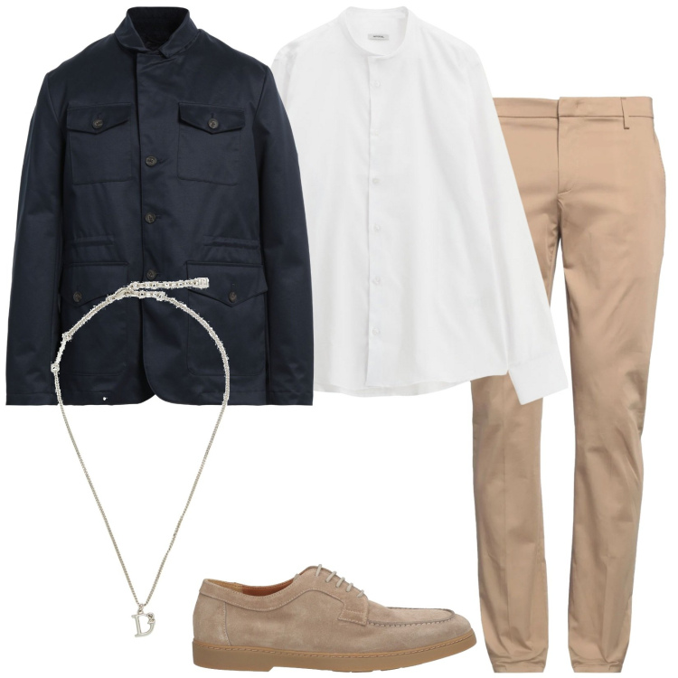 Outfit uomo - La collana trendy. Stile Trendy per Serata speciale. Abbinamento con giacche, pantaloni chino, scarpe stringate, collane, camicie.
