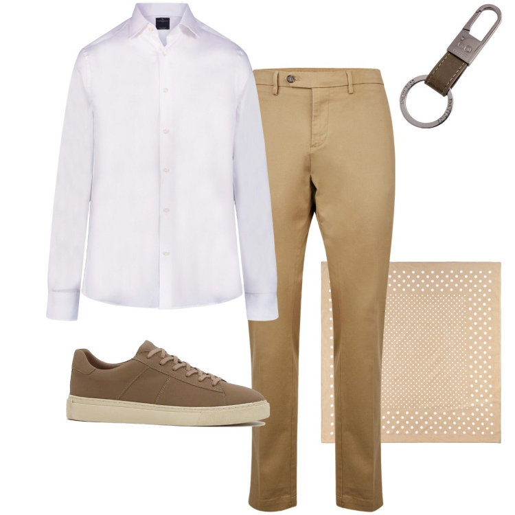 Outfit uomo - Il foulard a pois. Stile Business/Elegante per Ufficio. Abbinamento con sneakers, camicie, pantaloni chino, sciarpe e foulard, portachiavi.