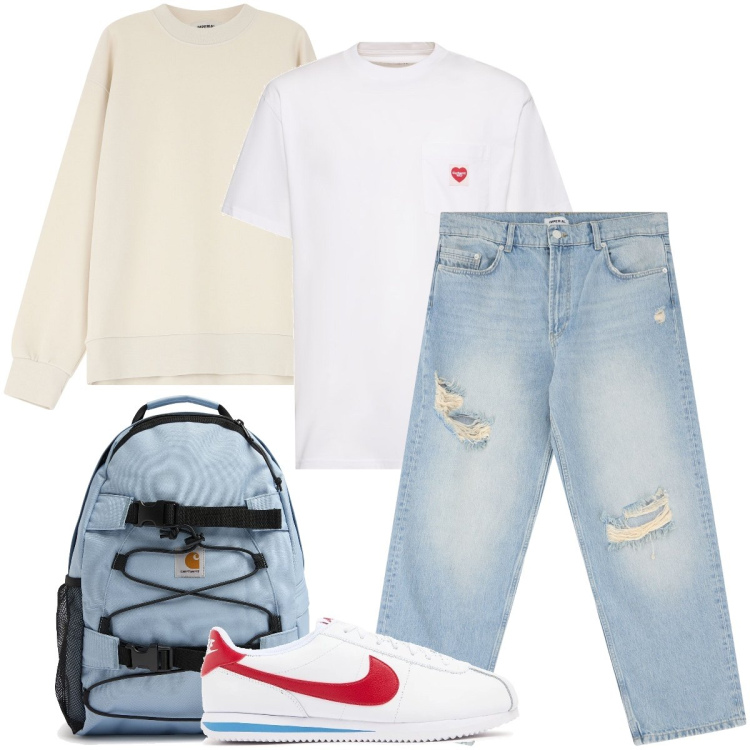 Outfit uomo - I jeans semi strappati. Stile Urban per Tutti i giorni. Abbinamento con jeans strappati, felpe, borse sportive, sneakers, t-shirt.
