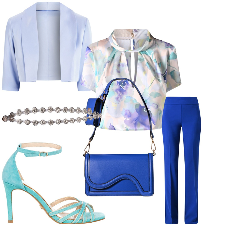 Outfit donna - Pantaloni elettrici. Stile Chic per Cerimonia. Abbinamento con bolero, bluse, sandali col tacco, pantaloni, pochette, cinture.