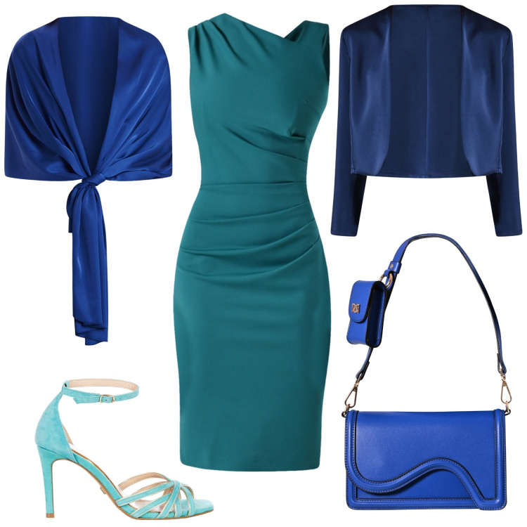 Outfit donna - Raffinata. Stile Chic per Cerimonia. Abbinamento con vestiti asimmetrici, bolero, sandali col tacco, stole, pochette.