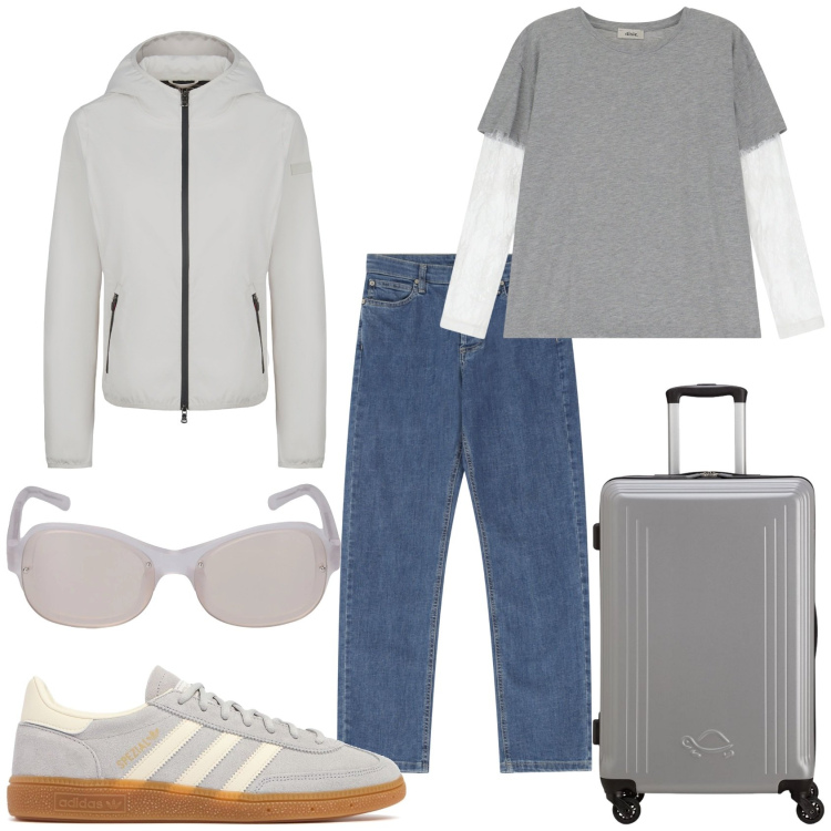 Outfit donna - Partenza. Stile Casual per Tutti i giorni. Abbinamento con jeans dritti, t-shirt, giacche sportive, occhiali da sole, sneakers, valigie.