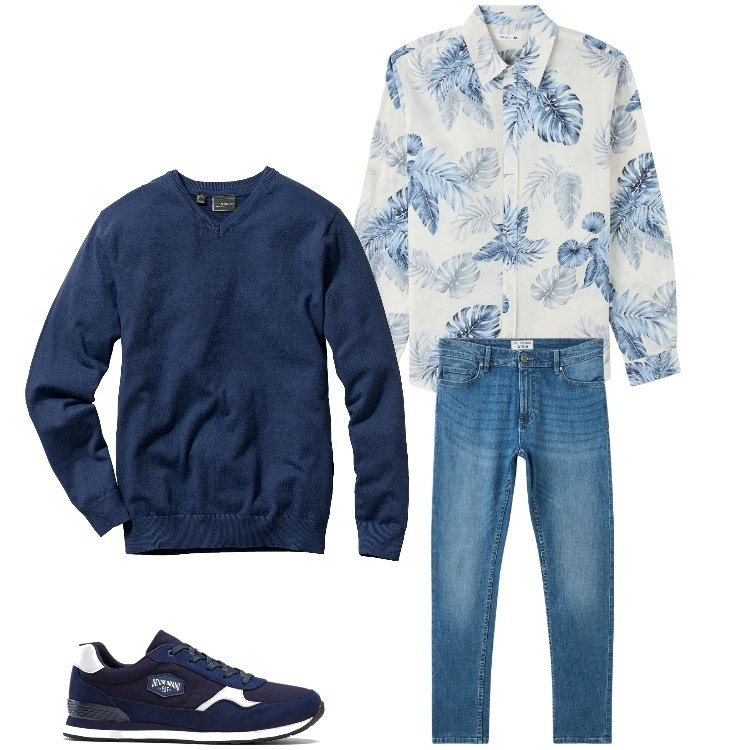 Outfit uomo - La camicia a fiori. Stile Casual per Tutti i giorni. Abbinamento con sneakers, maglieria, jeans skinny, camicie.