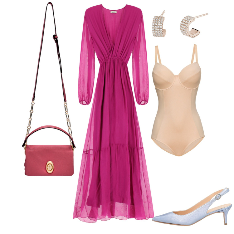 Outfit donna - In cerimonia. Stile Bon Ton per Cerimonia. look ideale per Tall. Abbinamento con body, décolleté, orecchini, vestiti lunghi, borse a tracolla.