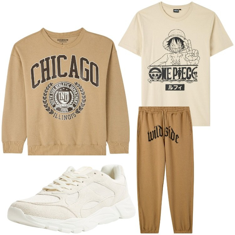 Outfit uomo - Sportivo in beige. Stile Casual per Sport. Abbinamento con sneakers, pantaloni, felpe, t-shirt.