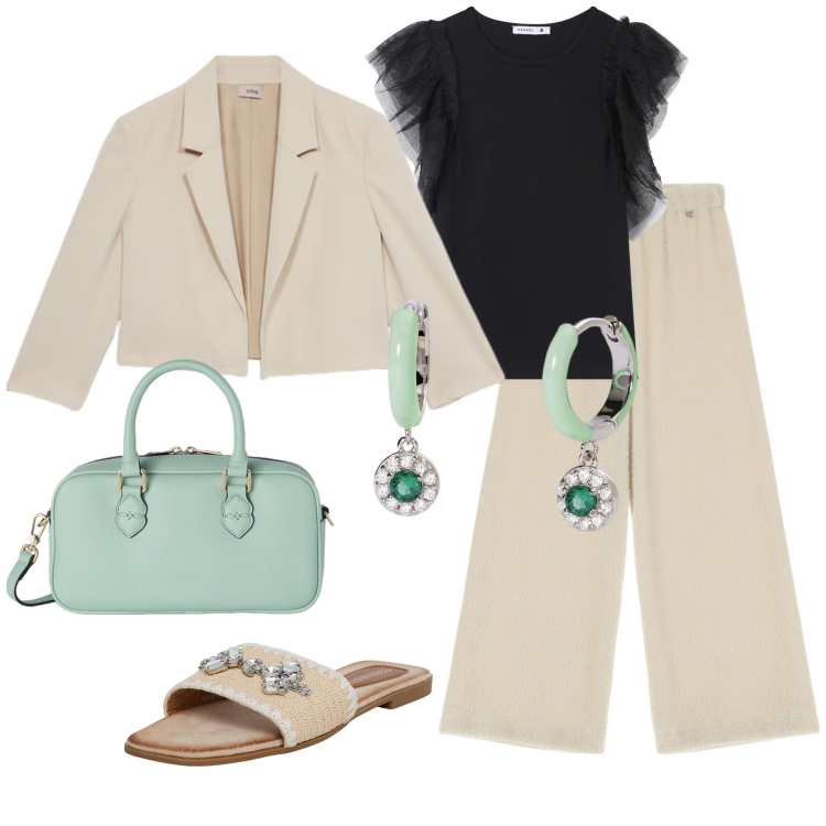 Outfit donna - Bianco nero e verde. Stile Chic per Tutti i giorni. Abbinamento con t-shirt, ciabatte, orecchini, pantaloni, blazer, borse a mano.