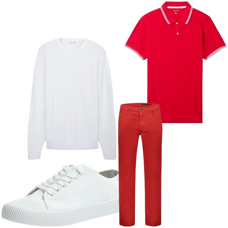 Outfit uomo - Rosso e bianco. Stile Casual per Tutti i giorni. Abbinamento con maglieria, polo, sneakers, pantaloni.