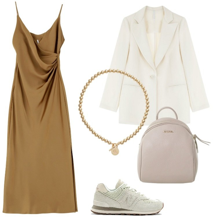 Outfit donna - Accostamenti insoliti. Stile Urban per Ufficio. Abbinamento con sneakers, blazer, vestiti midi/longuette, zaini, collane.