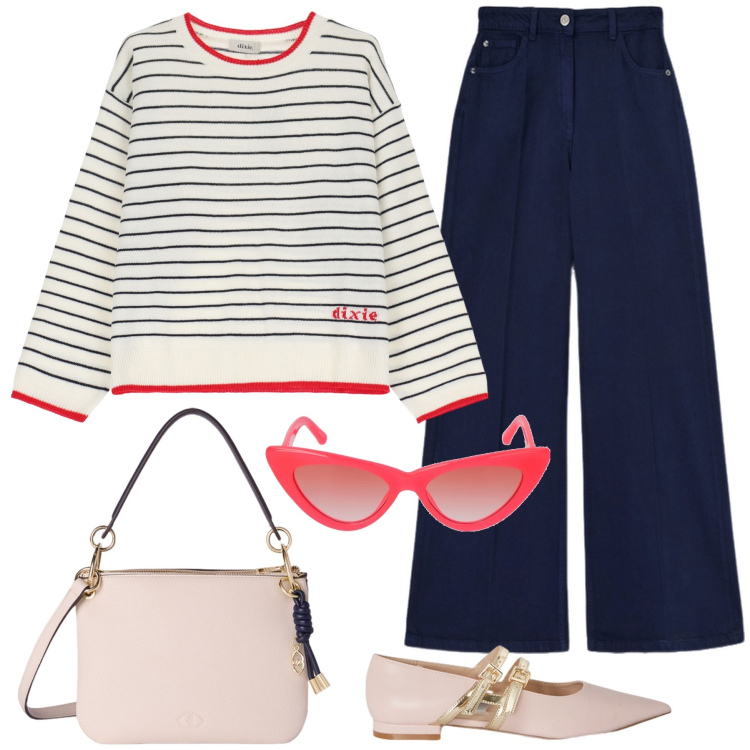 Outfit donna - Dettagli rossi e righe. Stile Casual per Tutti i giorni. Abbinamento con maglieria, occhiali da sole, ballerine, borse a tracolla, pantaloni.