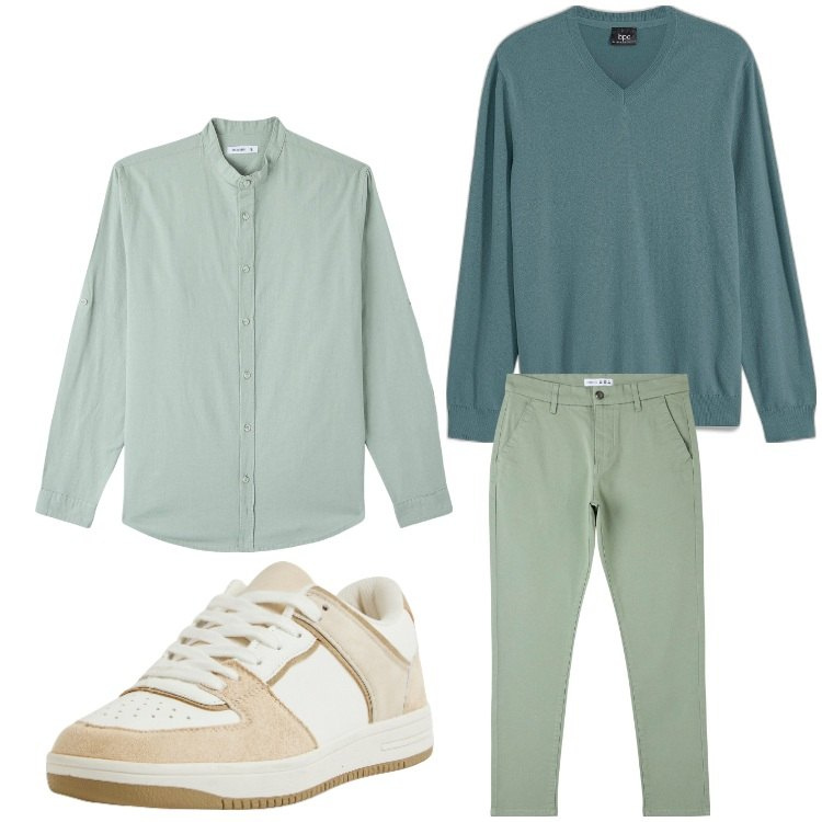 Outfit uomo - Tonalita´di verde per me. Stile Casual per Tutti i giorni. Abbinamento con maglieria, camicie, pantaloni skinny, sneakers.