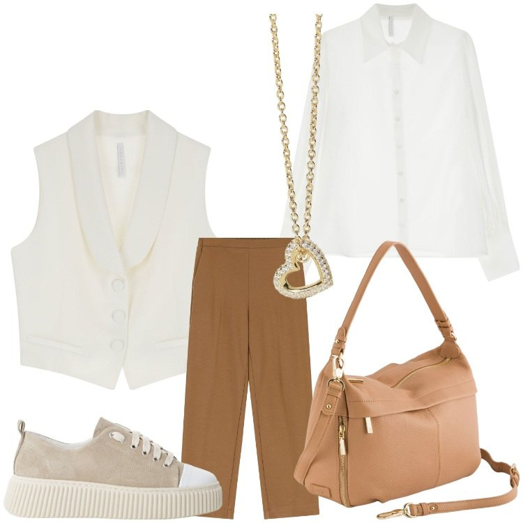Outfit donna - In gilet. Stile Sporty chic per Ufficio. Abbinamento con collane, gilet, sneakers, camicie, pantaloni, borse a tracolla.