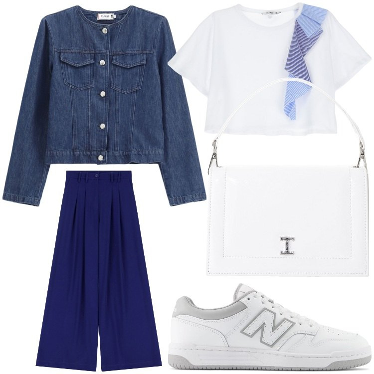 Outfit donna - Che bella. Stile Sporty chic per Serata fuori. Abbinamento con sneakers, t-shirt, blazer, pantaloni, borse a tracolla.