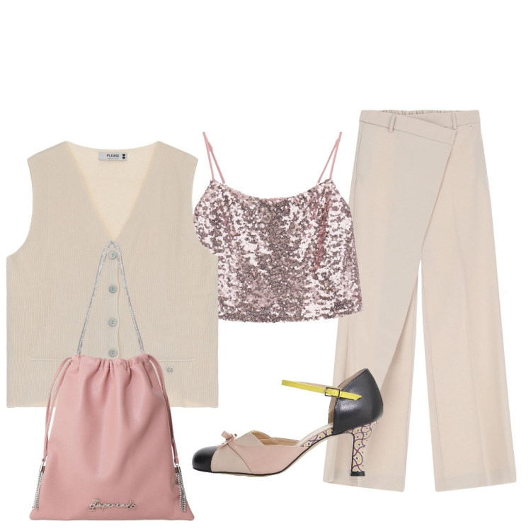 Outfit donna - Per l’uscita di questa sera. Stile Glamour per Serata fuori. Abbinamento con pantaloni, gilet, top, borse a secchiello, décolleté.