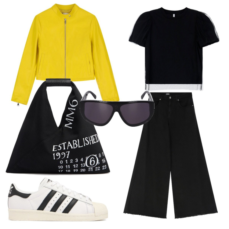 Outfit donna - Yellow Splash. Stile Casual per Tutti i giorni. Abbinamento con t-shirt, jeans, giacche, occhiali da sole, borse a mano, sneakers.