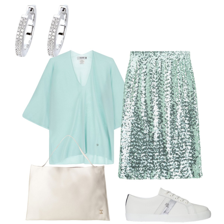 Outfit donna - Please verde acqua. Stile Glamour per Serata fuori. Abbinamento con orecchini, gonne longuette, maglieria, borse a spalla, sneakers.